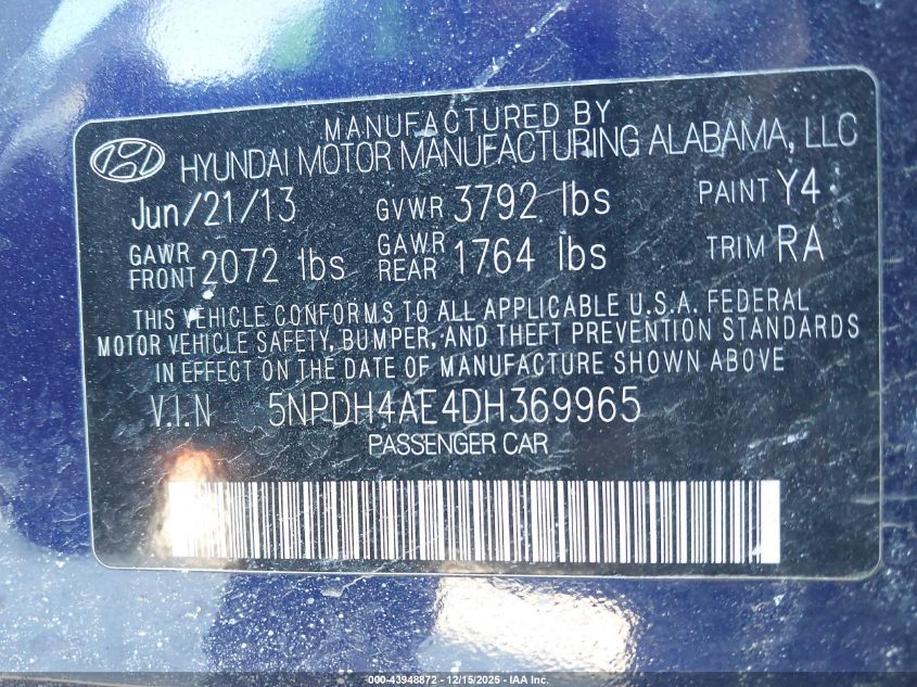 2013 Hyundai Elantra Gls VIN: 5NPDH4AE4DH369965 Lot: 43948872