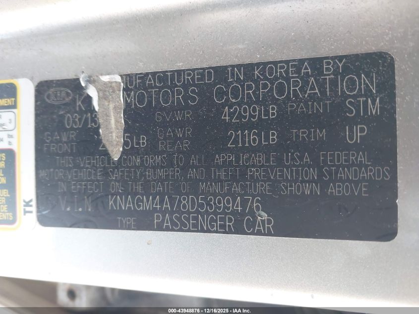 2013 Kia Optima Lx VIN: KNAGM4A78D5399476 Lot: 43948876