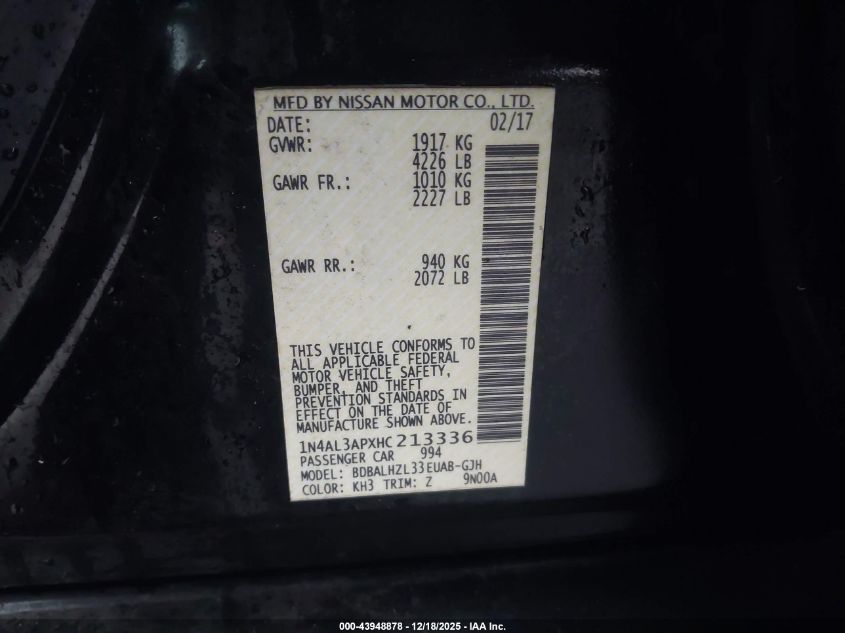 2017 Nissan Altima 2.5 Sr VIN: 1N4AL3APXHC213336 Lot: 43948878