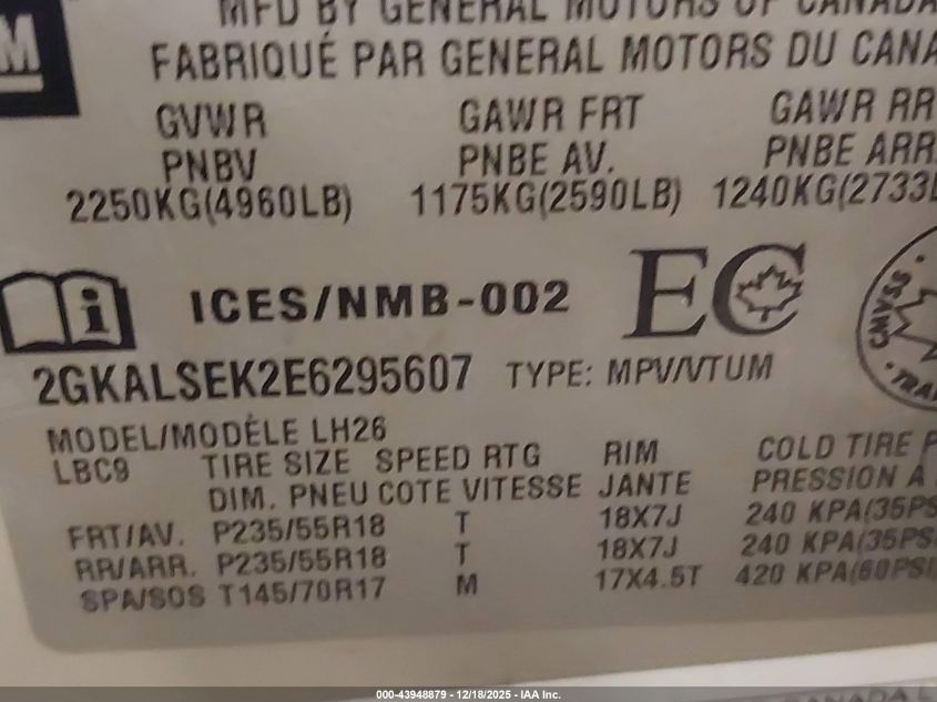 2014 GMC Terrain Slt-1 VIN: 2GKALSEK2E6295607 Lot: 43948879