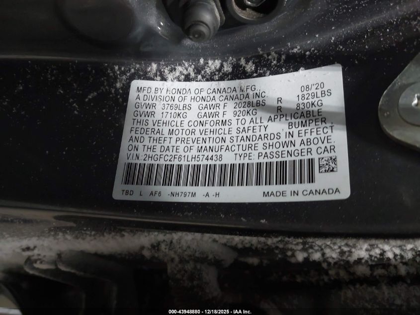 2020 Honda Civic Lx VIN: 2HGFC2F61LH574438 Lot: 43948880