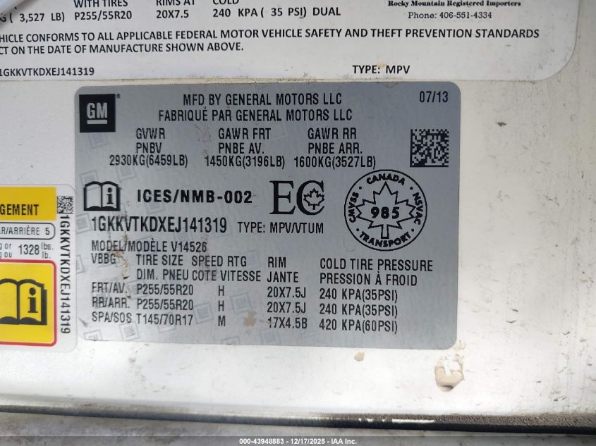 2014 GMC Acadia Denali VIN: 1GKKVTKDXEJ141319 Lot: 43948883