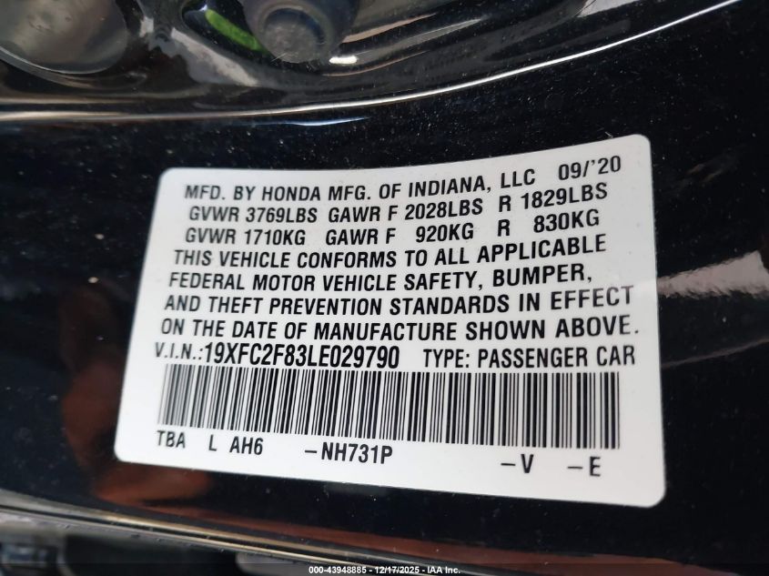 2020 Honda Civic Sport VIN: 19XFC2F83LE029790 Lot: 43948885
