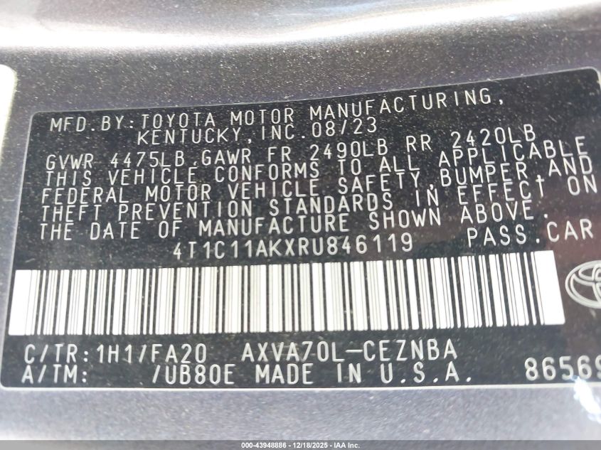 2024 Toyota Camry Le VIN: 4T1C11AKXRU846119 Lot: 43948886