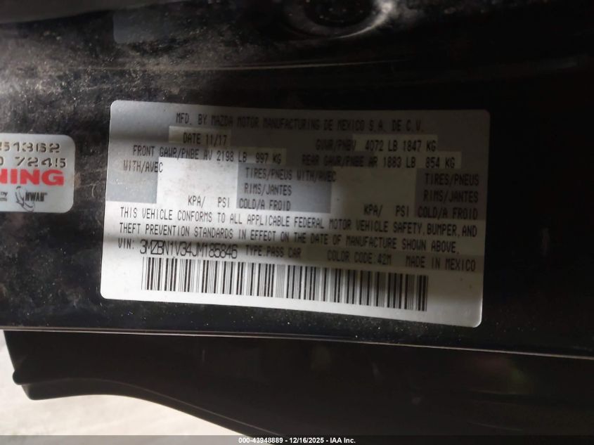 2018 Mazda Mazda3 Touring VIN: 3MZBN1V34JM185846 Lot: 43948889