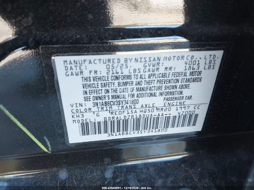 2025 Nissan Sentra Sv VIN: 3N1AB8CV3SY341800 Lot: 43948891