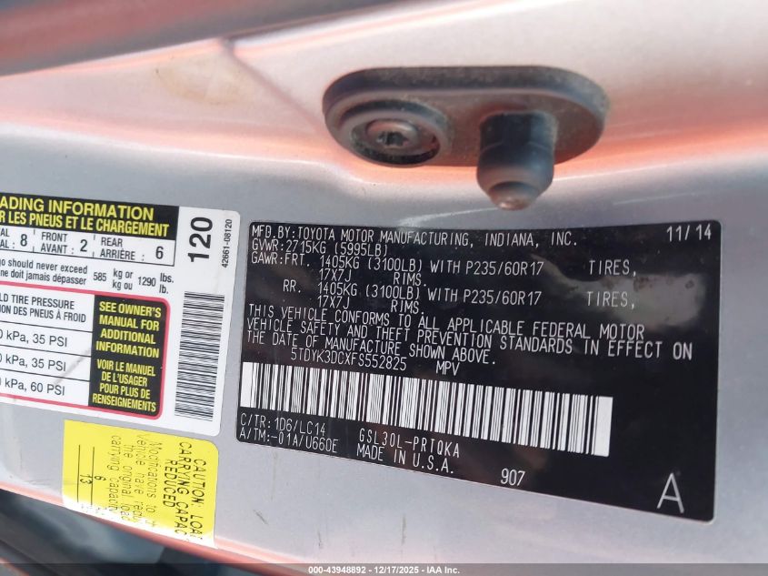 2015 Toyota Sienna Xle 8 Passenger VIN: 5TDYK3DCXFS552825 Lot: 43948892