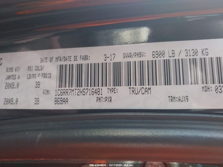 2017 Ram 1500 Sport VIN: 1C6RR7MT2HS716481 Lot: 43948893