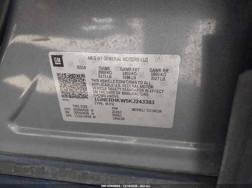 2019 Chevrolet Traverse 3Lt VIN: 1GNERHKW5KJ243383 Lot: 43948894