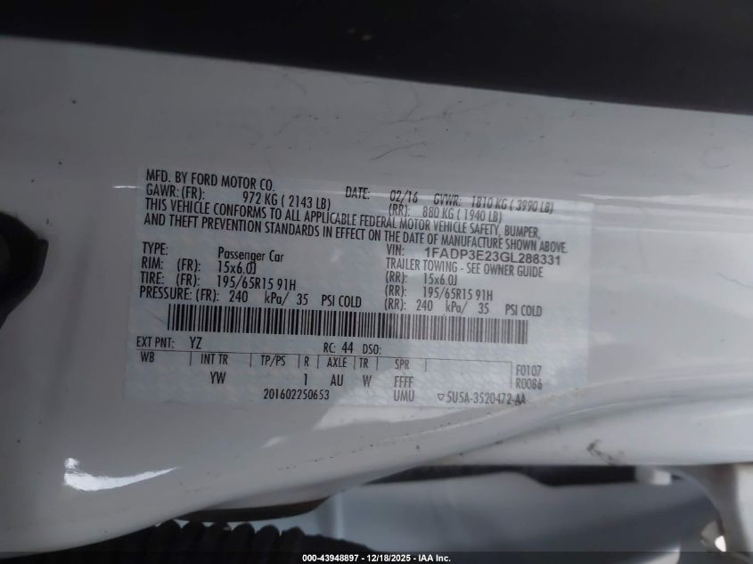 2016 Ford Focus S VIN: 1FADP3E23GL288331 Lot: 43948897