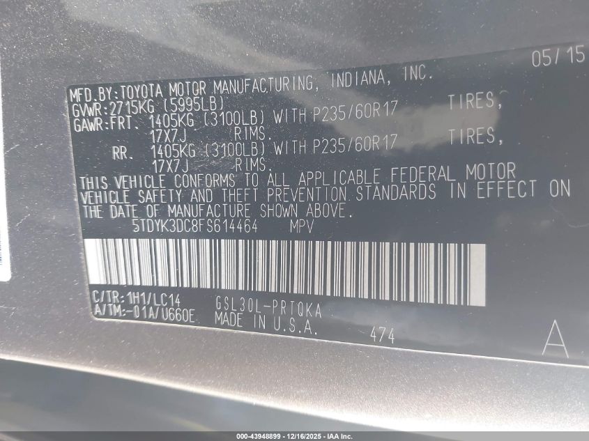 2015 Toyota Sienna Xle 8 Passenger VIN: 5TDYK3DC8FS614464 Lot: 43948899