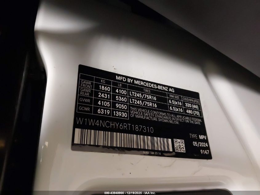 2024 Mercedes-Benz Sprinter 2500 High Roof 4-Cyl Diesel Ho VIN: W1W4NCHY6RT187310 Lot: 43948900