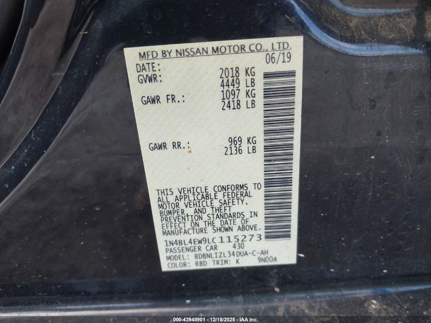 2020 Nissan Altima Sl Intelligent Awd VIN: 1N4BL4EW9LC115273 Lot: 43948901