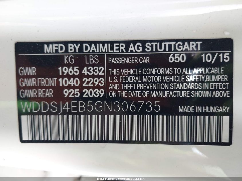 2016 Mercedes-Benz Cla 250 VIN: WDDSJ4EB5GN306735 Lot: 43948903