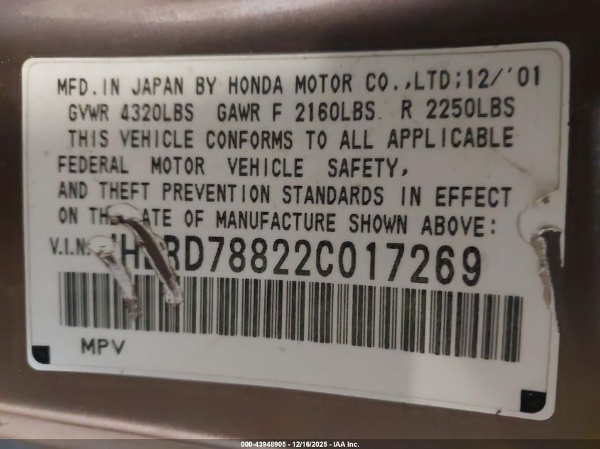 2002 Honda Cr-V Ex VIN: JHLRD78822C017269 Lot: 43948905