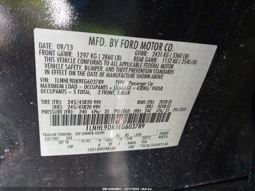 2014 Lincoln Mks VIN: 1LNHL9DK9EG603789 Lot: 43948907