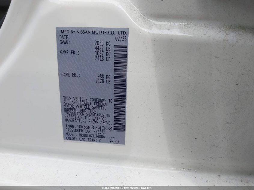 2025 Nissan Altima Sv Awd VIN: 1N4BL4DW8SN374308 Lot: 43948912