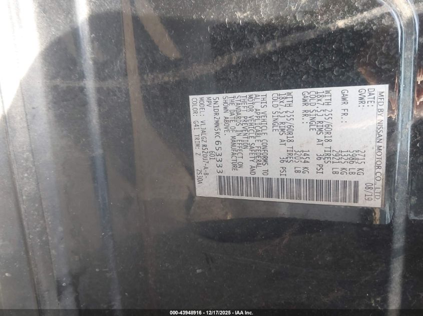 2019 Nissan Pathfinder Sl VIN: 5N1DR2MN5KC653333 Lot: 43948916