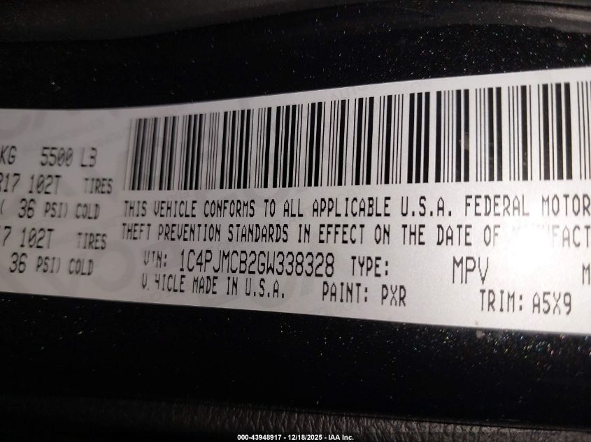 2016 Jeep Cherokee Latitude VIN: 1C4PJMCB2GW338328 Lot: 43948917