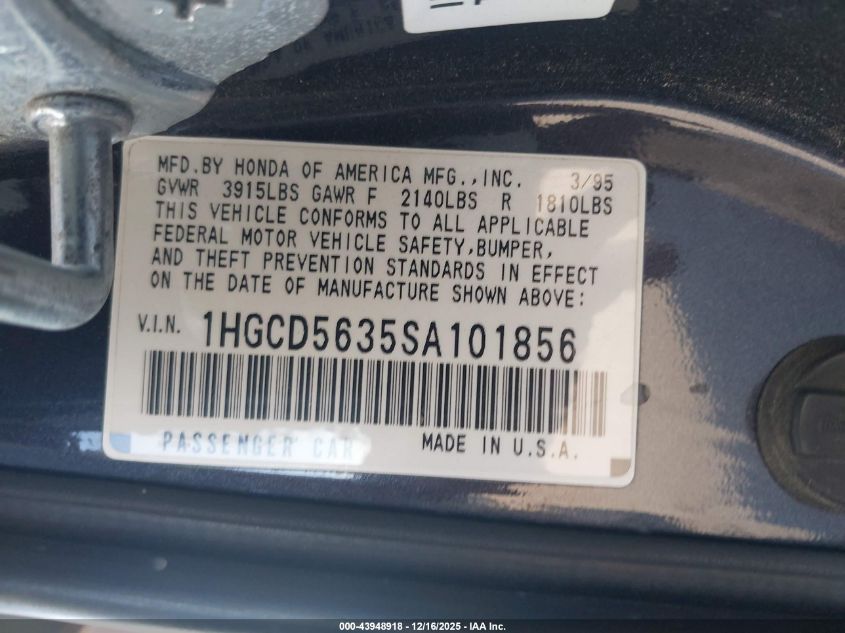 1995 Honda Accord Lx/Ex VIN: 1HGCD5635SA101856 Lot: 43948918