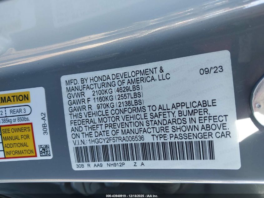 2024 Honda Accord Hybrid Sport VIN: 1HGCY2F57RA006536 Lot: 43948919