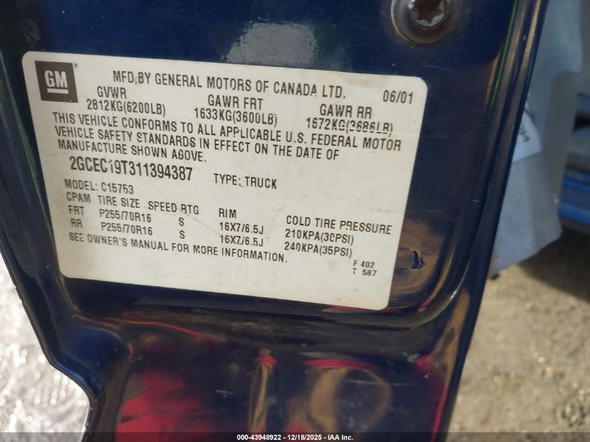 2001 Chevrolet Silverado 1500 Ls VIN: 2GCEC19T311394387 Lot: 43948922