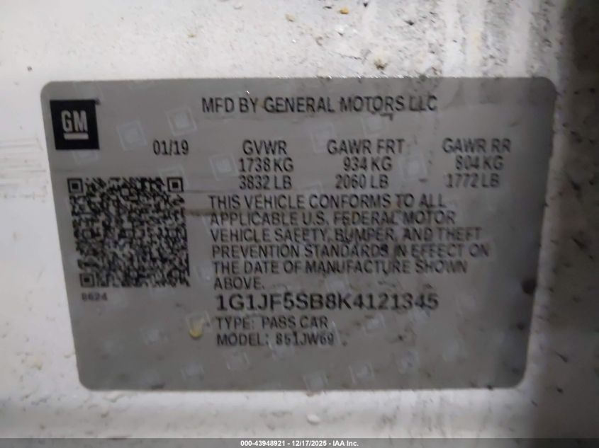 2019 Chevrolet Sonic Premier Auto VIN: 1G1JF5SB8K4121345 Lot: 43948921