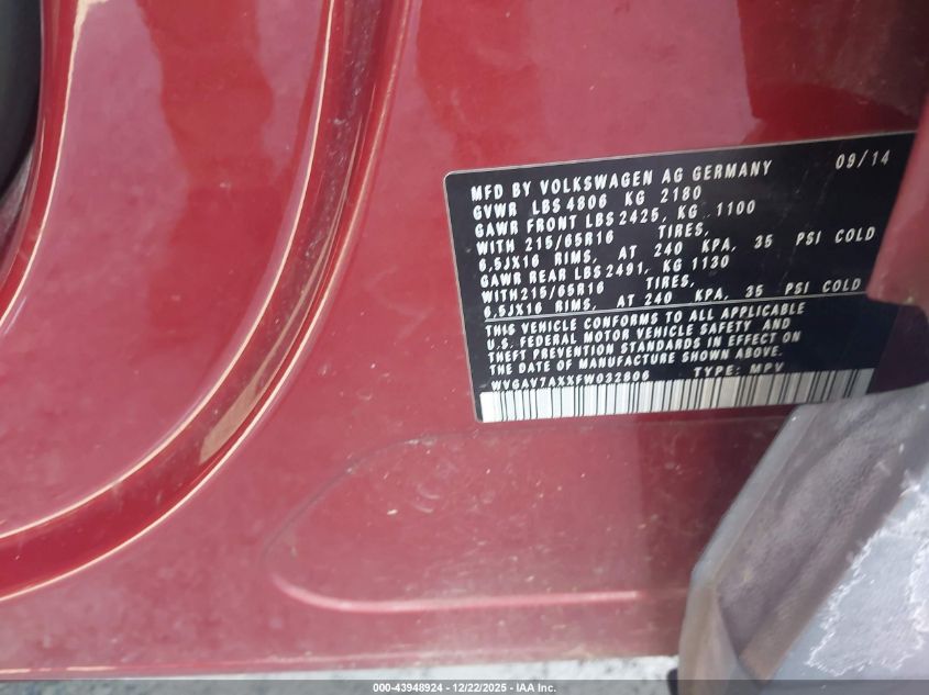 2015 Volkswagen Tiguan S VIN: WVGAV7AXXFW032806 Lot: 43948924