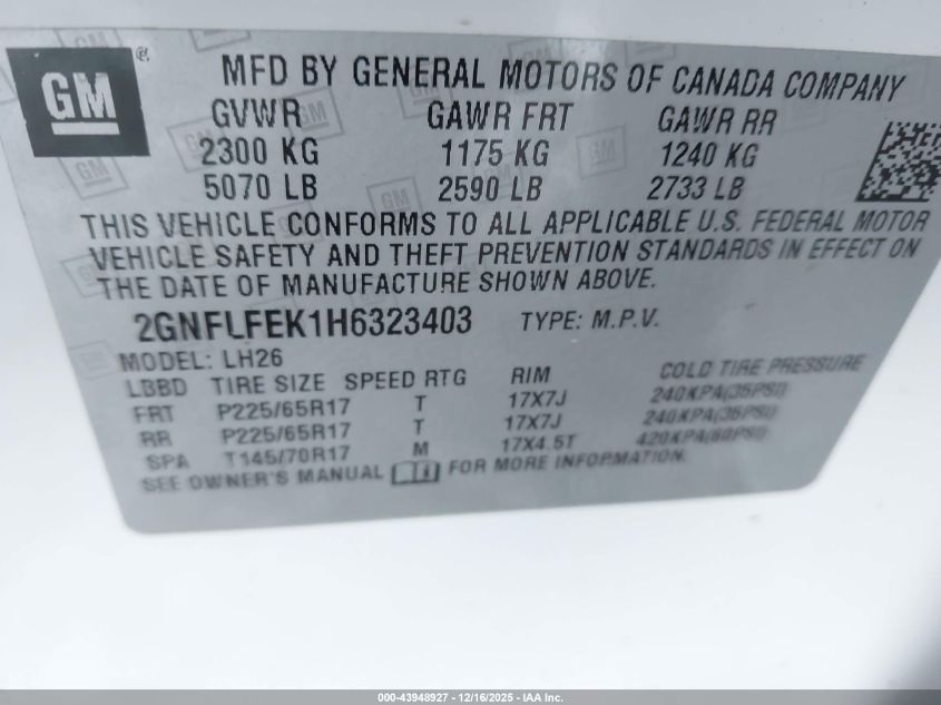 2017 Chevrolet Equinox Lt VIN: 2GNFLFEK1H6323403 Lot: 43948927