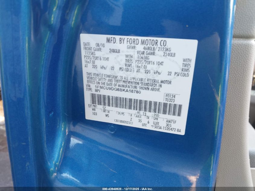 2011 Ford Escape Xlt VIN: 1FMCU9DG8BKA18780 Lot: 43948928