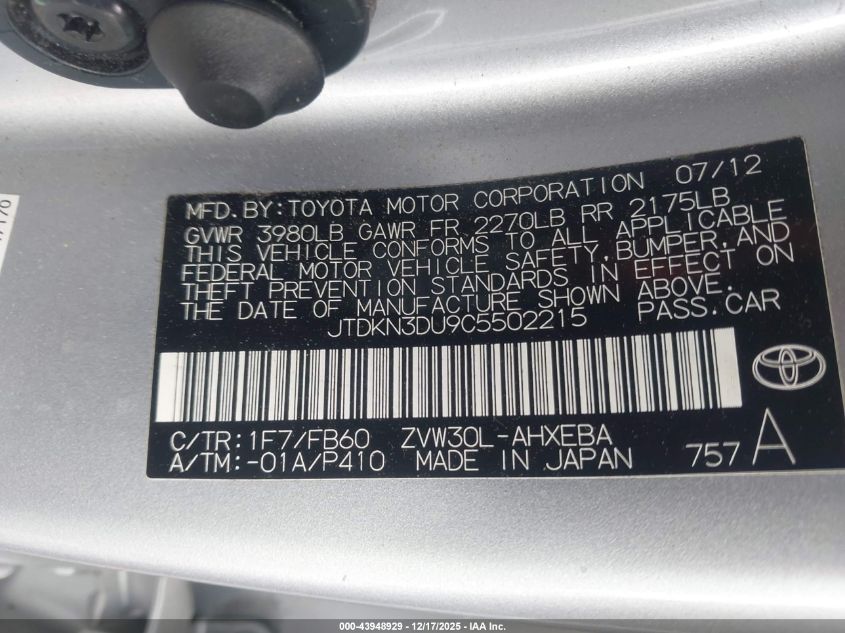 2012 Toyota Prius Three VIN: JTDKN3DU9C5502215 Lot: 43948929