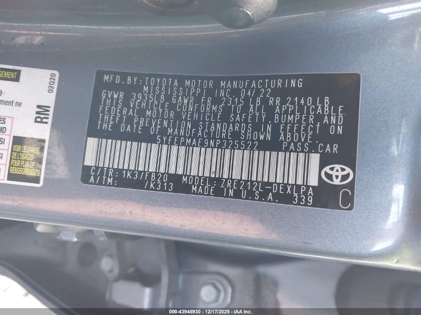 2022 Toyota Corolla Le VIN: 5YFEPMAE9NP325522 Lot: 43948930