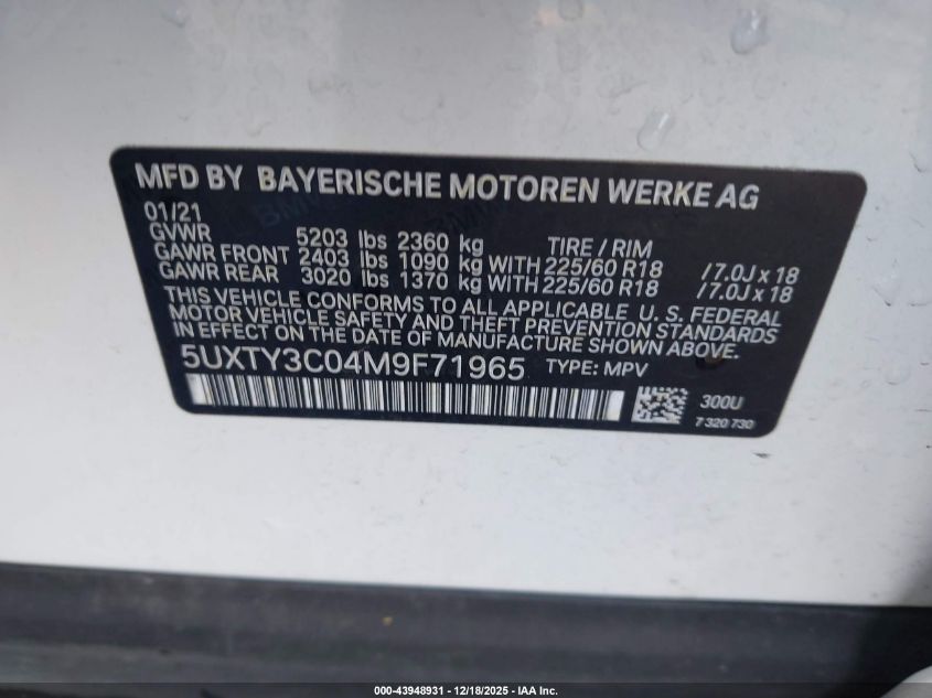 2021 BMW X3 Sdrive30I VIN: 5UXTY3C04M9F71965 Lot: 43948931