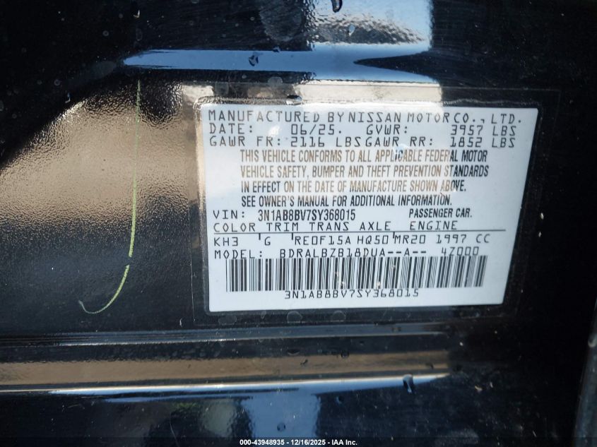 2025 Nissan Sentra S VIN: 3N1AB8BV7SY368015 Lot: 43948935