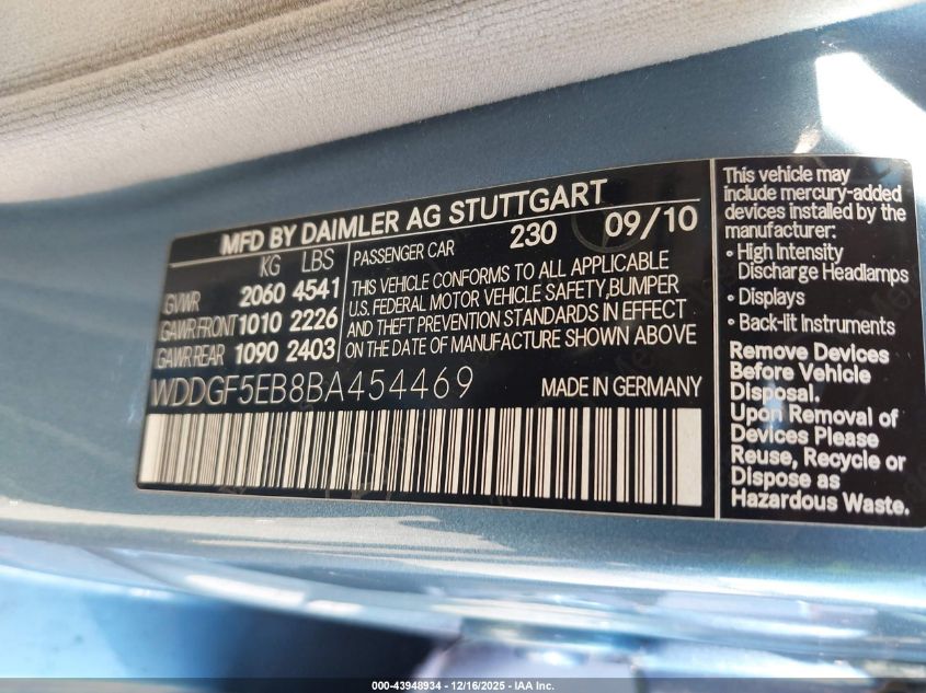 2011 Mercedes-Benz C 300 Sport VIN: WDDGF5EB8BA454469 Lot: 43948934