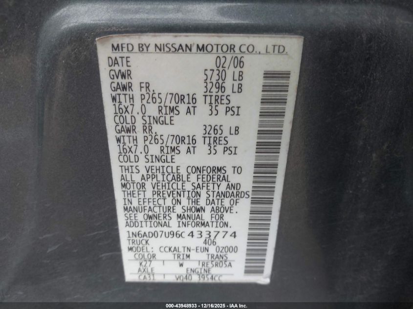 2006 Nissan Frontier Se VIN: 1N6AD07U96C433774 Lot: 43948933