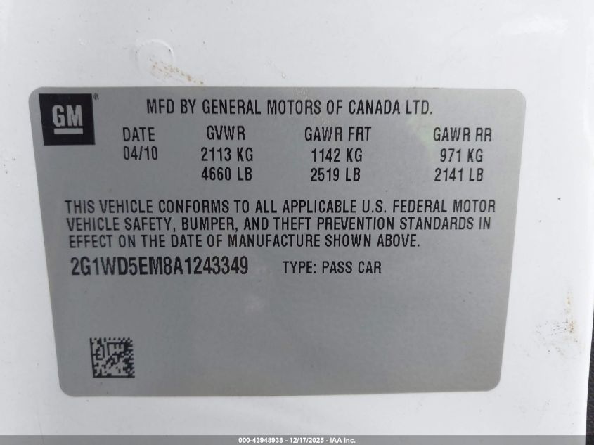 2010 Chevrolet Impala Police VIN: 2G1WD5EM8A1243349 Lot: 43948938