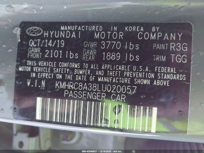 2020 Hyundai Venue Sel VIN: KMHRC8A38LU020057 Lot: 43948937