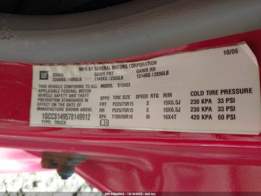 2007 Chevrolet Colorado Ls VIN: 1GCCS149578149912 Lot: 43948942