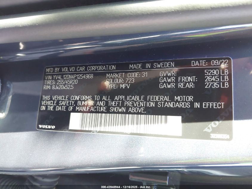 2023 Volvo Xc60 B5 Plus Bright Theme VIN: YV4L12DN4P1254968 Lot: 43948944