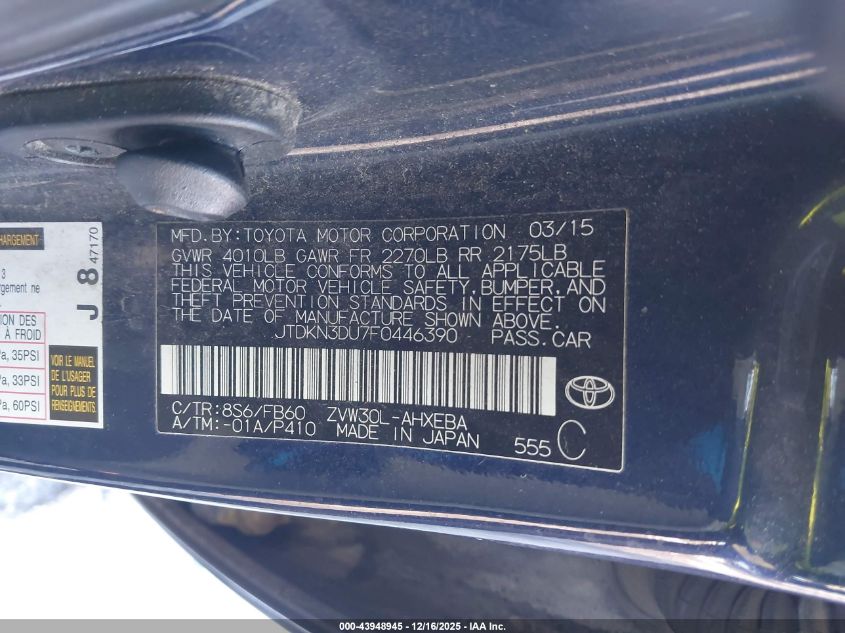 2015 Toyota Prius Two VIN: JTDKN3DU7F0446390 Lot: 43948945