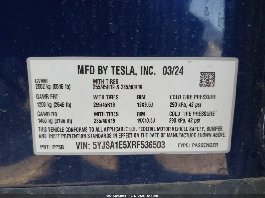 2024 Tesla Model S Long Range VIN: 5YJSA1E5XRF536503 Lot: 43948946