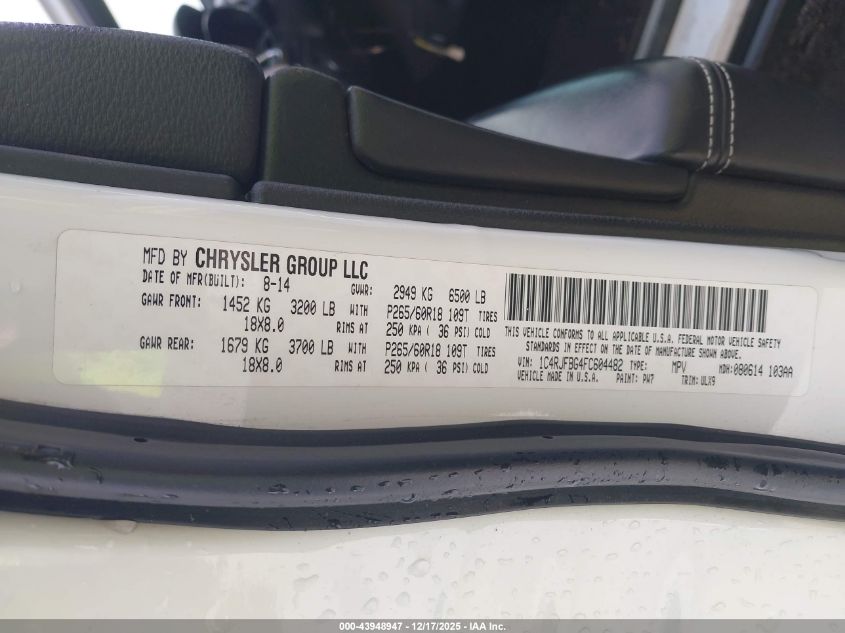 2015 Jeep Grand Cherokee Limited VIN: 1C4RJFBG4FC604482 Lot: 43948947