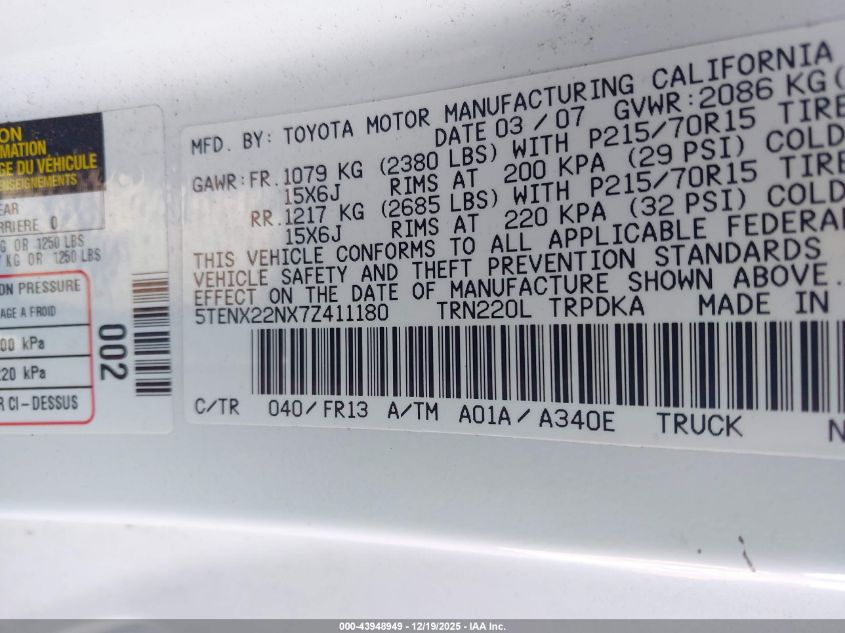 2007 Toyota Tacoma VIN: 5TENX22NX7Z411180 Lot: 43948949