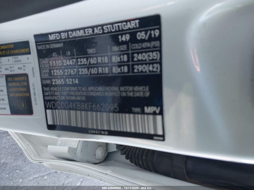 2019 Mercedes-Benz Glc 300 4Matic VIN: WDC0G4KB8KF662095 Lot: 43948950