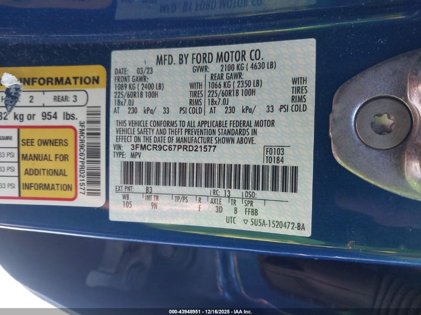 2023 Ford Bronco Sport Outer Banks VIN: 3FMCR9C67PRD21577 Lot: 43948951