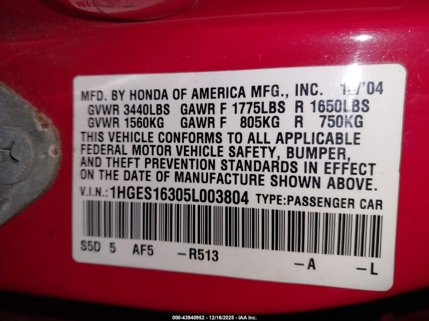2005 Honda Civic Vp VIN: 1HGES16305L003804 Lot: 43948952