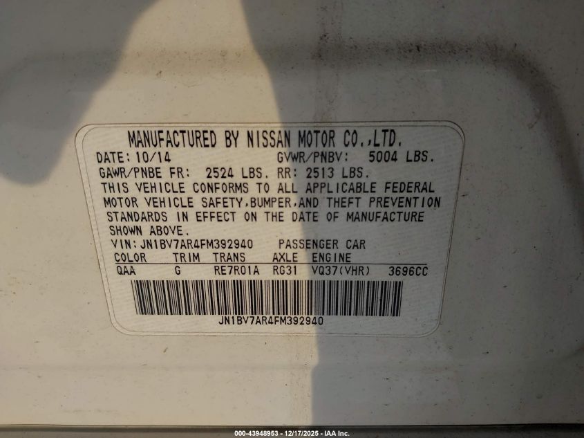 2015 Infiniti Q50 VIN: JN1BV7AR4FM392940 Lot: 43948953