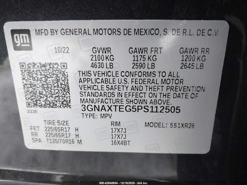 2023 Chevrolet Equinox Awd 2Fl VIN: 3GNAXTEG5PS112505 Lot: 43948954