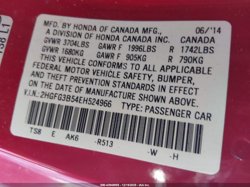 2014 Honda Civic Lx VIN: 2HGFG3B54EH524966 Lot: 43948955